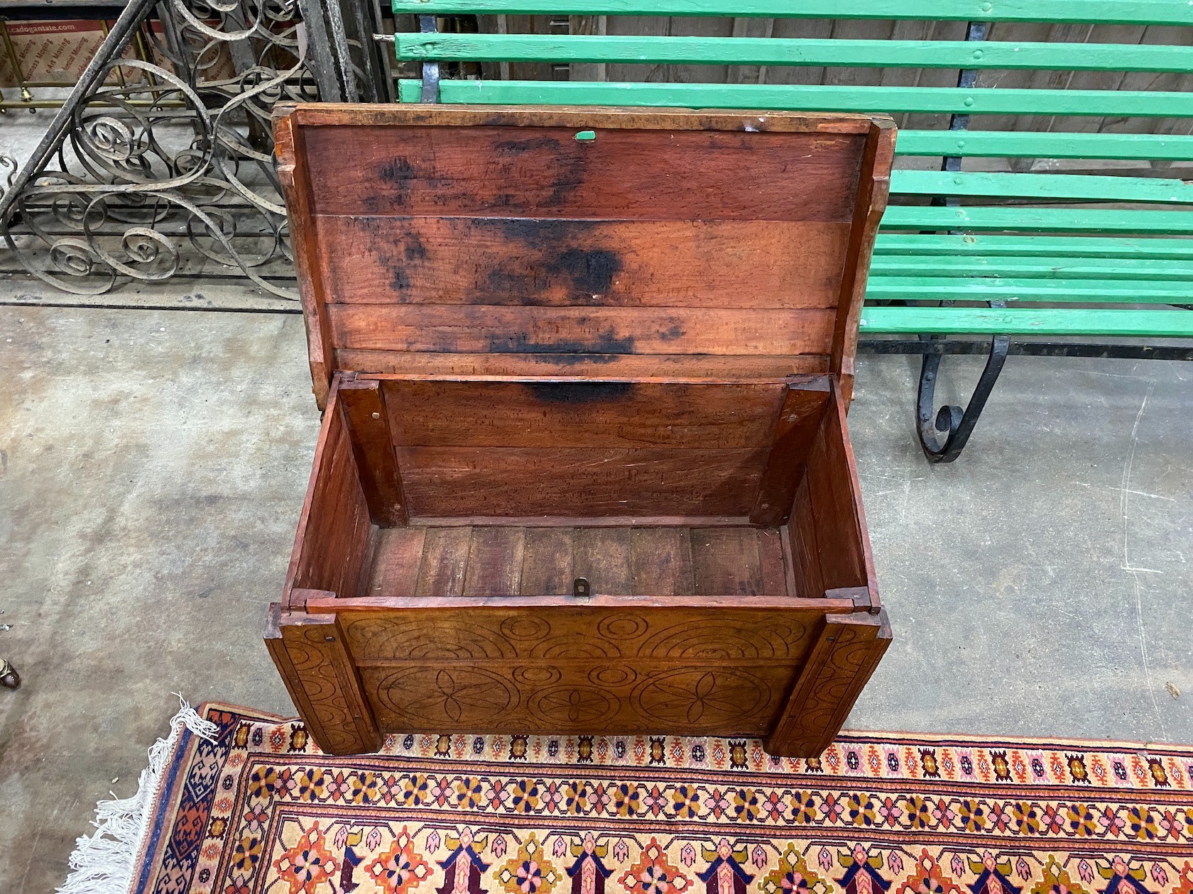 A small Scandinavian carved beech coffer, width 85cm